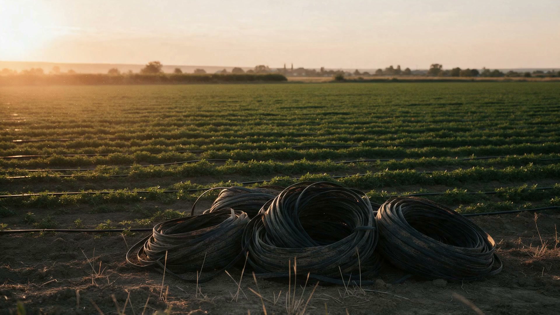 Coils of used drip-irrigation line at the edge of an irrigated field