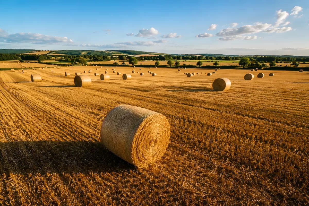Harvested field with straw bales