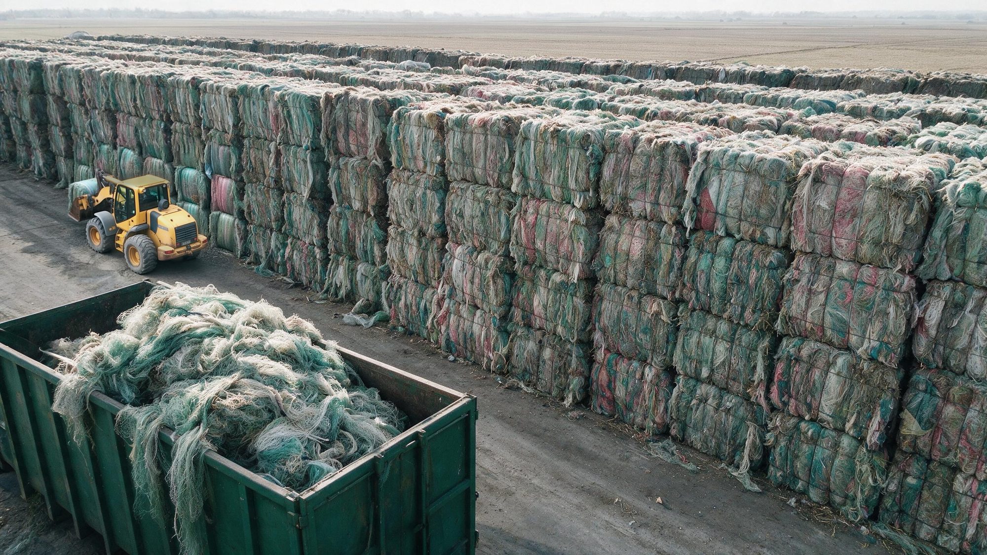Stacked bales of collected used round-bale netting, with a skip of loose netting in the foreground